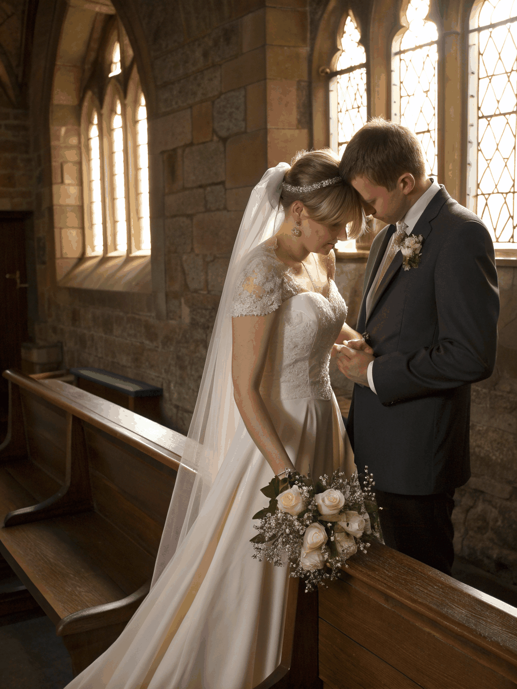 Traditional Christian wedding ceremony with altar vows and blessings