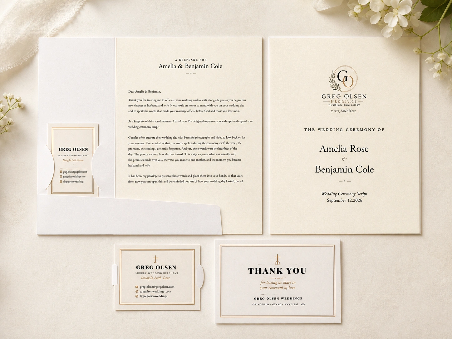 Ceremony keepsake presentation folder with printed wedding script on cotton paper, letters, and thank you card